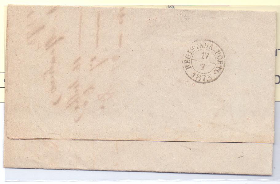 0517 v.jpg -     Lote:    517 (verso)            Isentos de Franquia       Descrição:         Isentos de franquia. Impresso do Serviço do Correio Portuguez, circulado isento de franquia de Viana do Castelo (16.07.1873) para o Porto (17.07.73). Carimbo no verso batido a preto "REGISTADA &mdash; PORTO". MB e R.        IMP       Valor Base:     &euro; 50,00     Valor Venda:     Retirado     